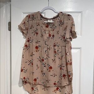 Knox Rose Beige Floral Smocked Flutter Sleeve Blouse